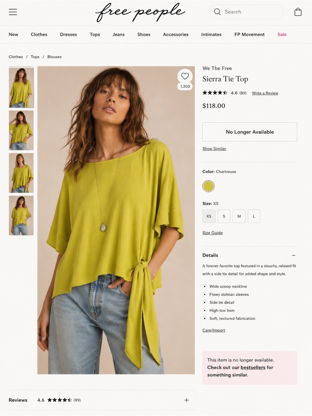 Free People Chartreuse Tie-Side Dolman Blouse